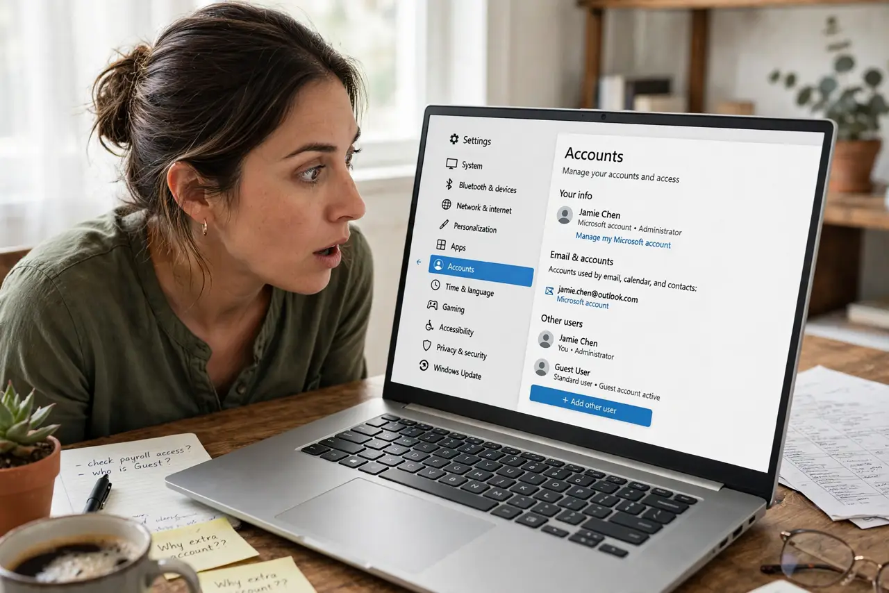 A surprised adult looking at Windows Accounts settings showing an unexpected guest account.
