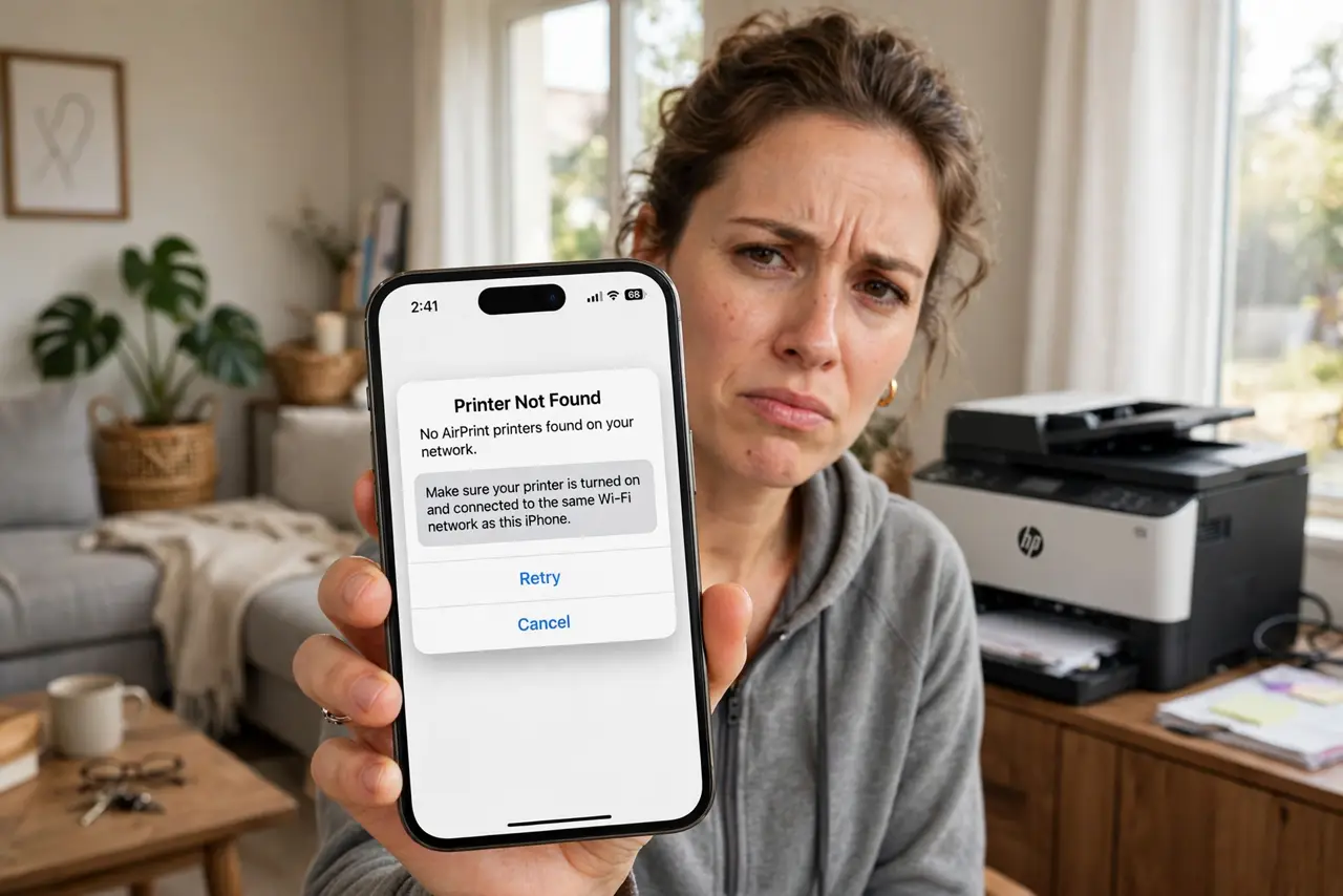 Guest Wi-Fi Can't See the Printer — a person holding a real phone showing a printer-not-found error fully legible, a real printer visible in the b