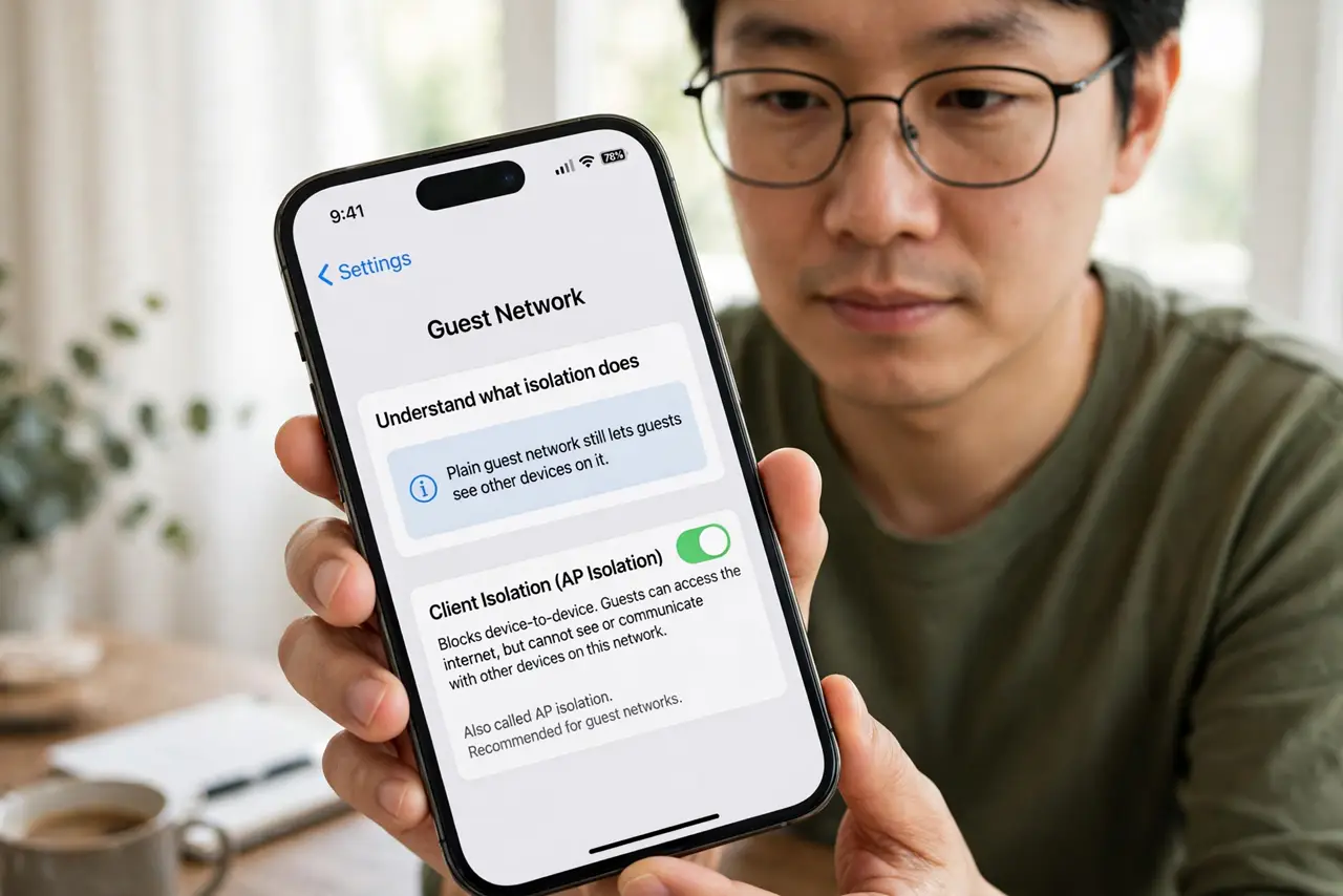 A person performing step 1: Understand what isolation does. A plain guest network still lets guests see other devices on it. Client isolat.