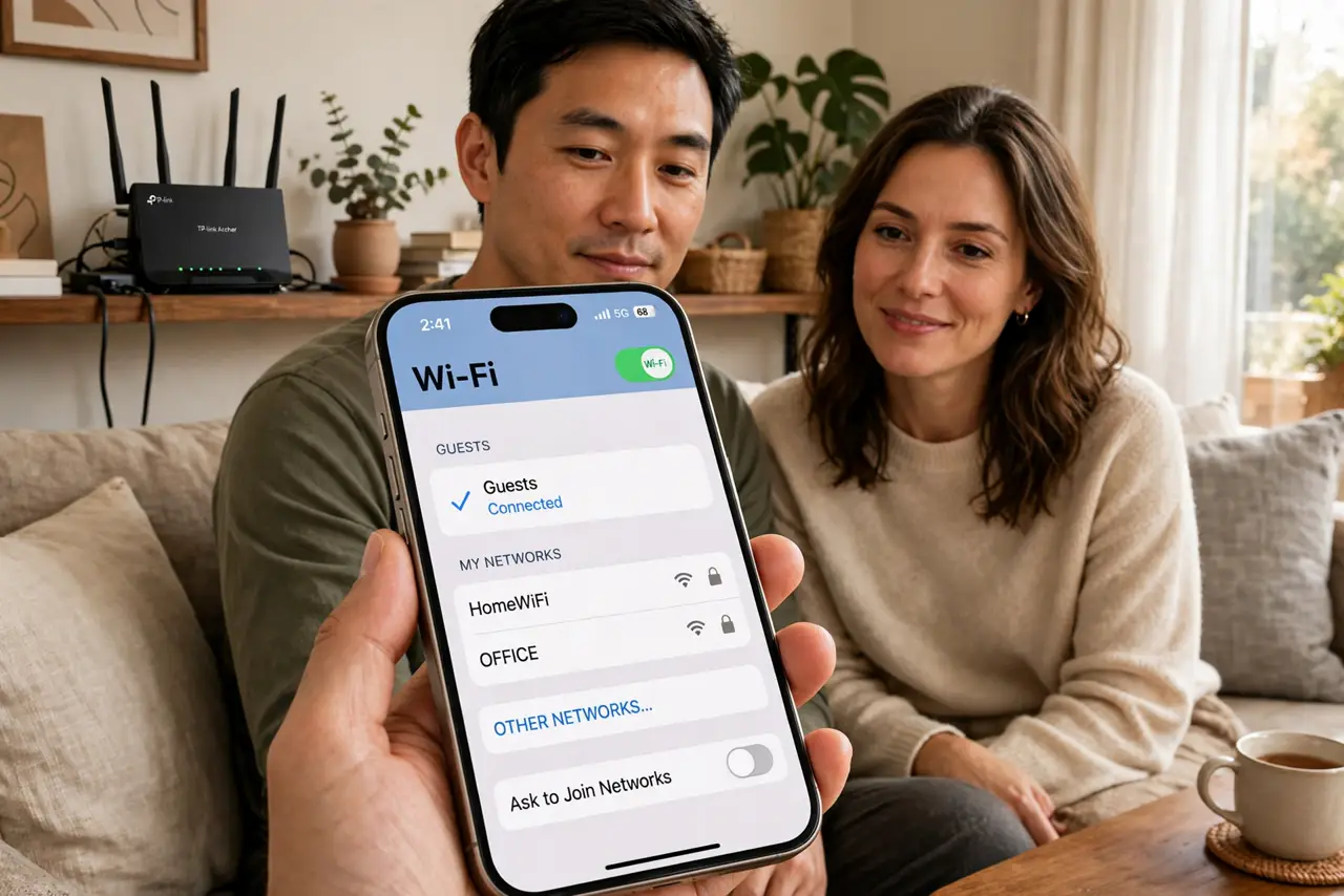 A person showing a real phone to a guest in a living room, the phone screen showing a legible Wi-Fi settings page with a guest network name, a.