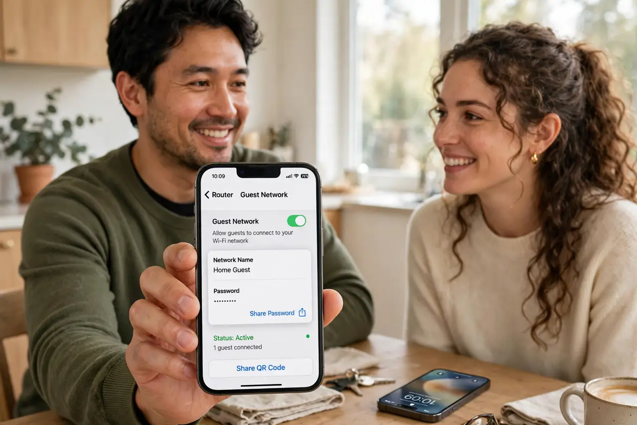 Set Up Guest Wi-Fi for Visitors — a welcoming adult holding a real phone showing a router app's guest network toggle with fully legible text, a