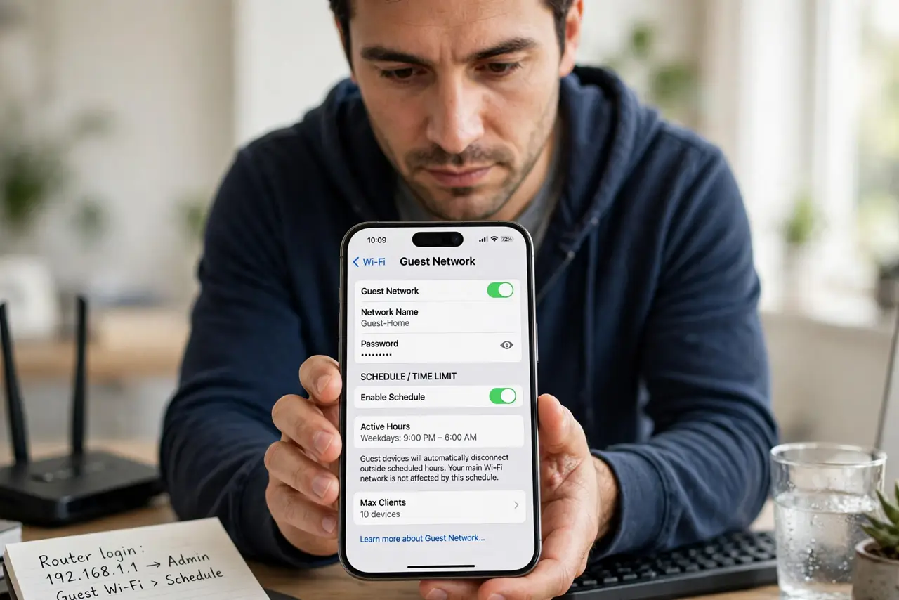 A person performing step 1 of the guide: Open the guest network settings. Log into the router and find the guest Wi-Fi section. The time limit or schedule lives there, separate from your main Wi-Fi settings, which is why ...