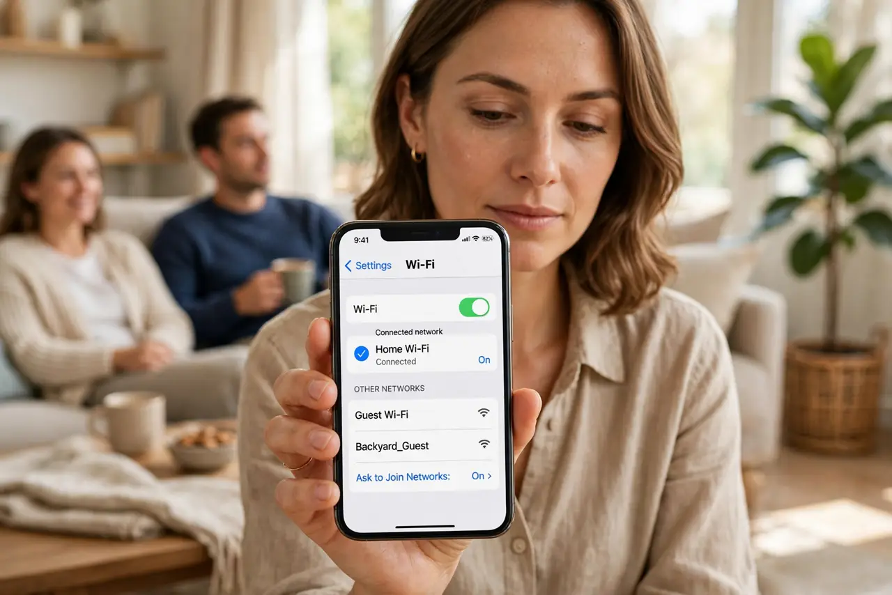 a calm adult host holding a real phone showing a Wi-Fi settings screen with a guest network visible, guests relaxed in a living room behind, the phone screen text legible. No black screen, no blank white screen, no fa...