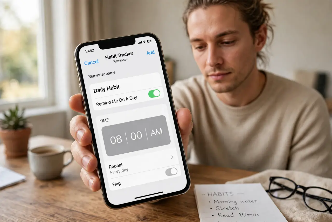 a calm adult at a desk with a real phone in hand showing a habit tracker reminder setting on the real screen, time picker legible. No black screen, no blank whi