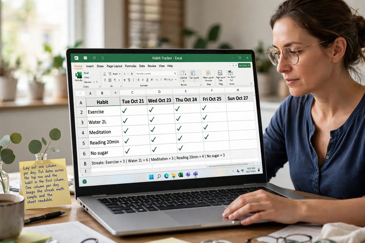 A person performing step 1 of the guide: Lay out one column per day. Put dates across the top row and the habit in the first column. One column per day keeps the streak math...