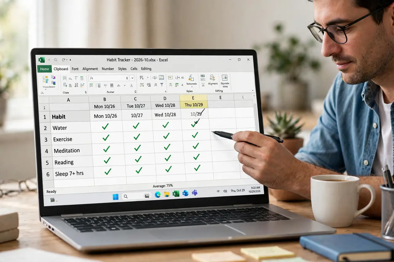 a calm adult at a desk with a real Windows laptop, a habit tracker spreadsheet open showing normal checkmark columns with legible dates, the person marking today's box