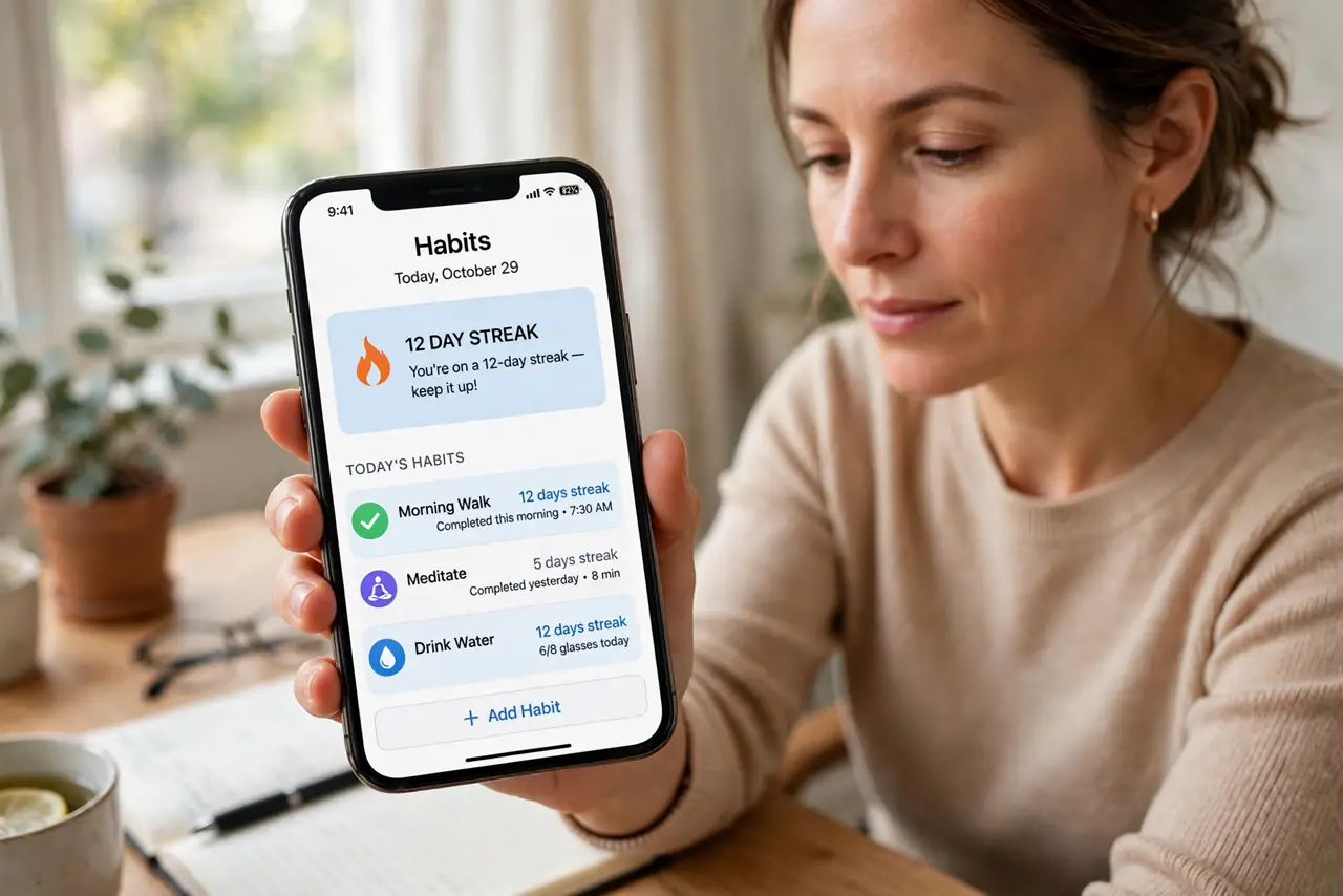 a calm adult at a desk with a real phone in hand showing a habit tracker app on the real screen, streak display legible. No black screen, no blank white screen,