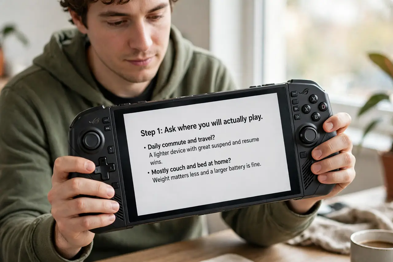 A person performing the guide's first step: Ask where you will actually play. Daily commute and travel? A lighter device with great suspend and resume wins. Mostly couch and bed at…