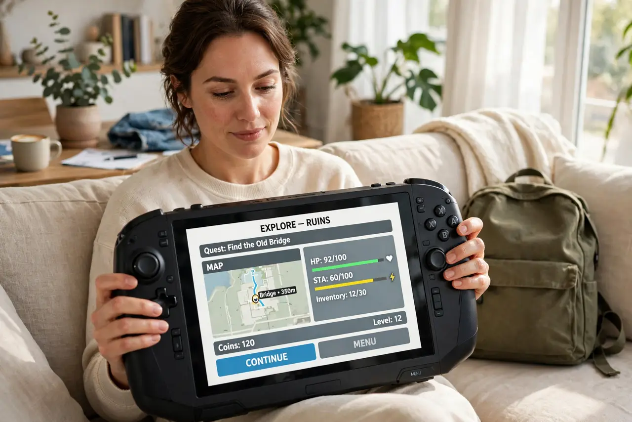 A person holding a real handheld gaming PC showing a game with legible interface, sitting on a couch, a backpack beside them, the person's face engaged and comfortable, living room.