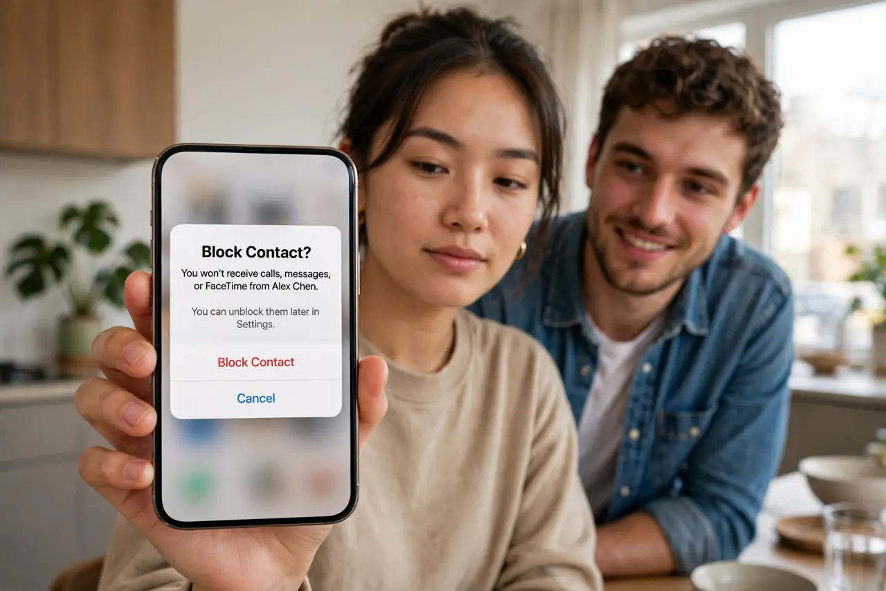 a person holding a real phone showing a block confirmation dialog with legible text, the person's expression calm and resolute, a friend supportive beside th...