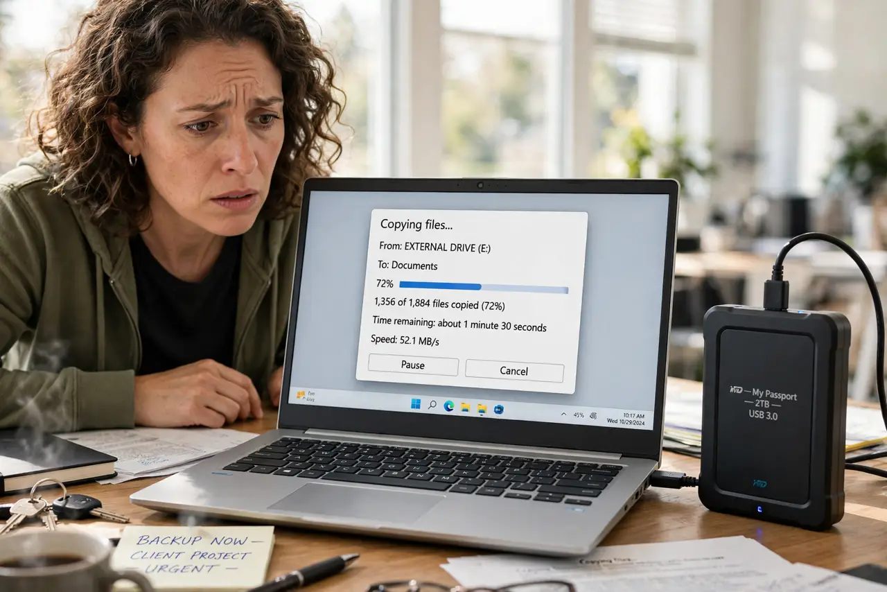 A worried adult at a desk with a real external hard drive connected to a laptop showing a file-copy window with legible text, the person copying files urgently.