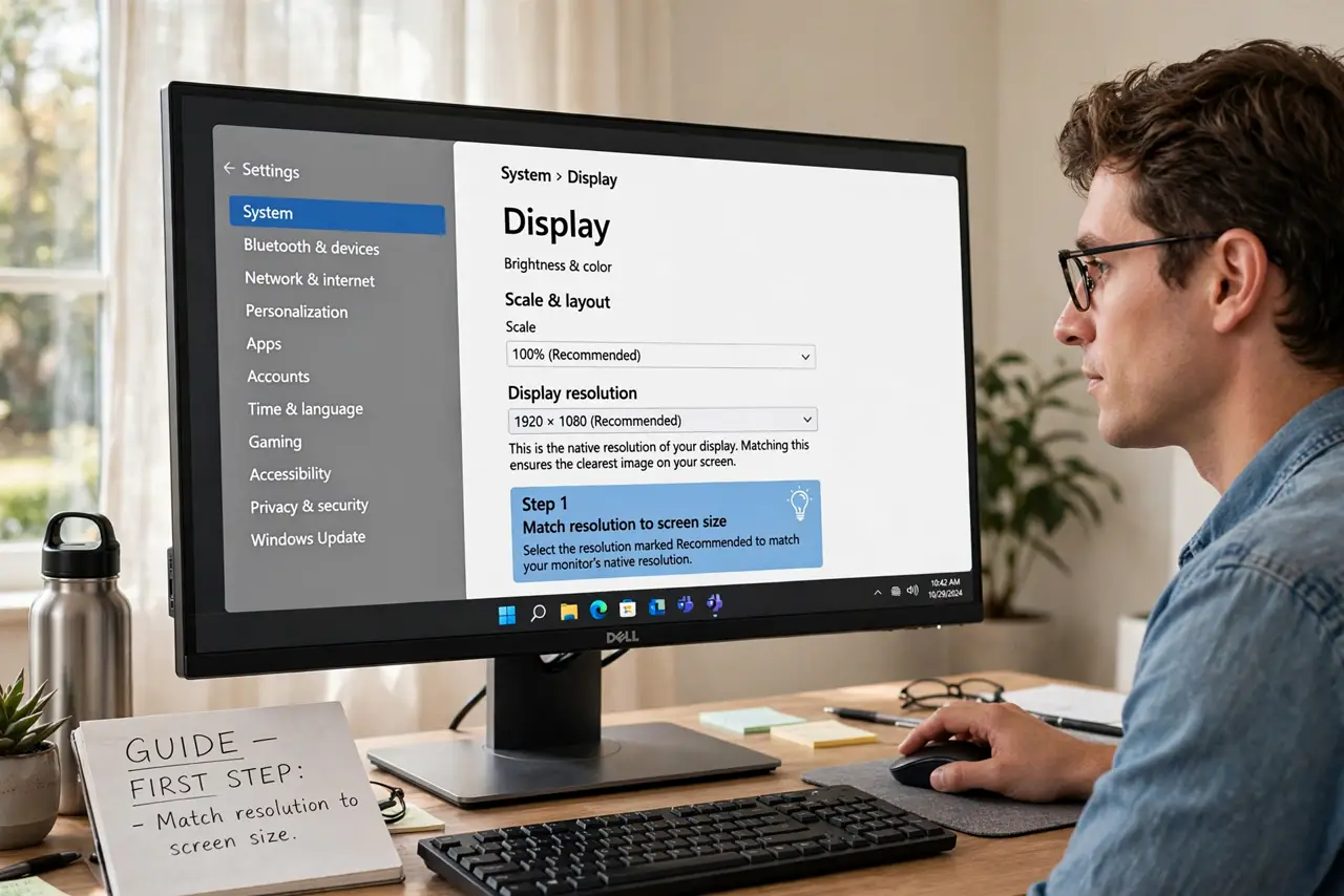 A person doing the guide's first step: Match resolution to screen size.