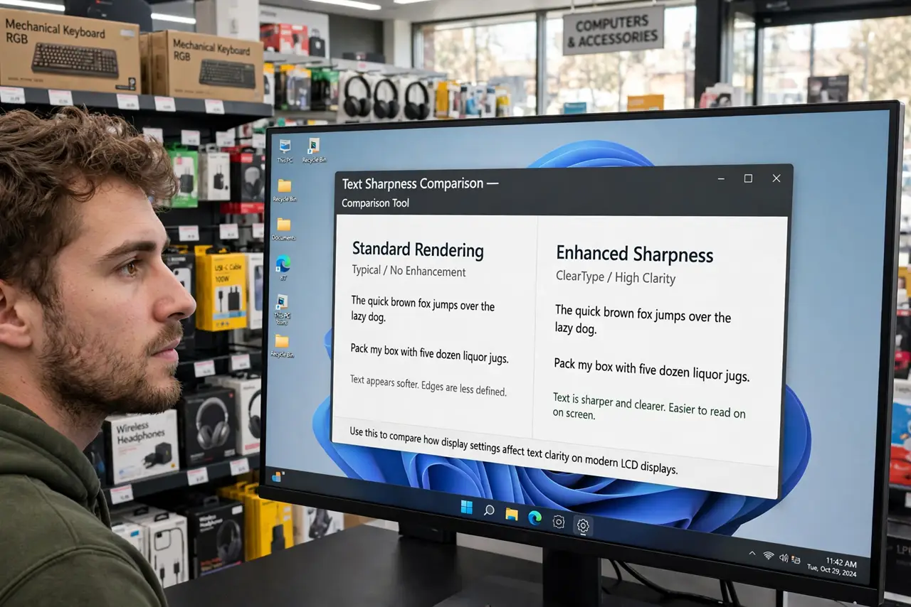 A person looking at a real monitor showing a legible side-by-side comparison of text sharpness, the person's face thoughtful, electronics store.