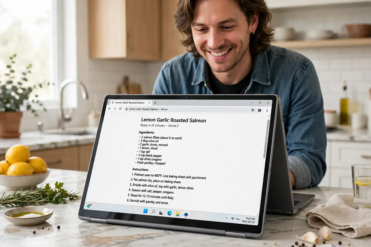 A person using a real 2-in-1 laptop folded into tent mode on a kitchen counter showing a legible recipe on screen, the person's face pleased, bright kitchen.