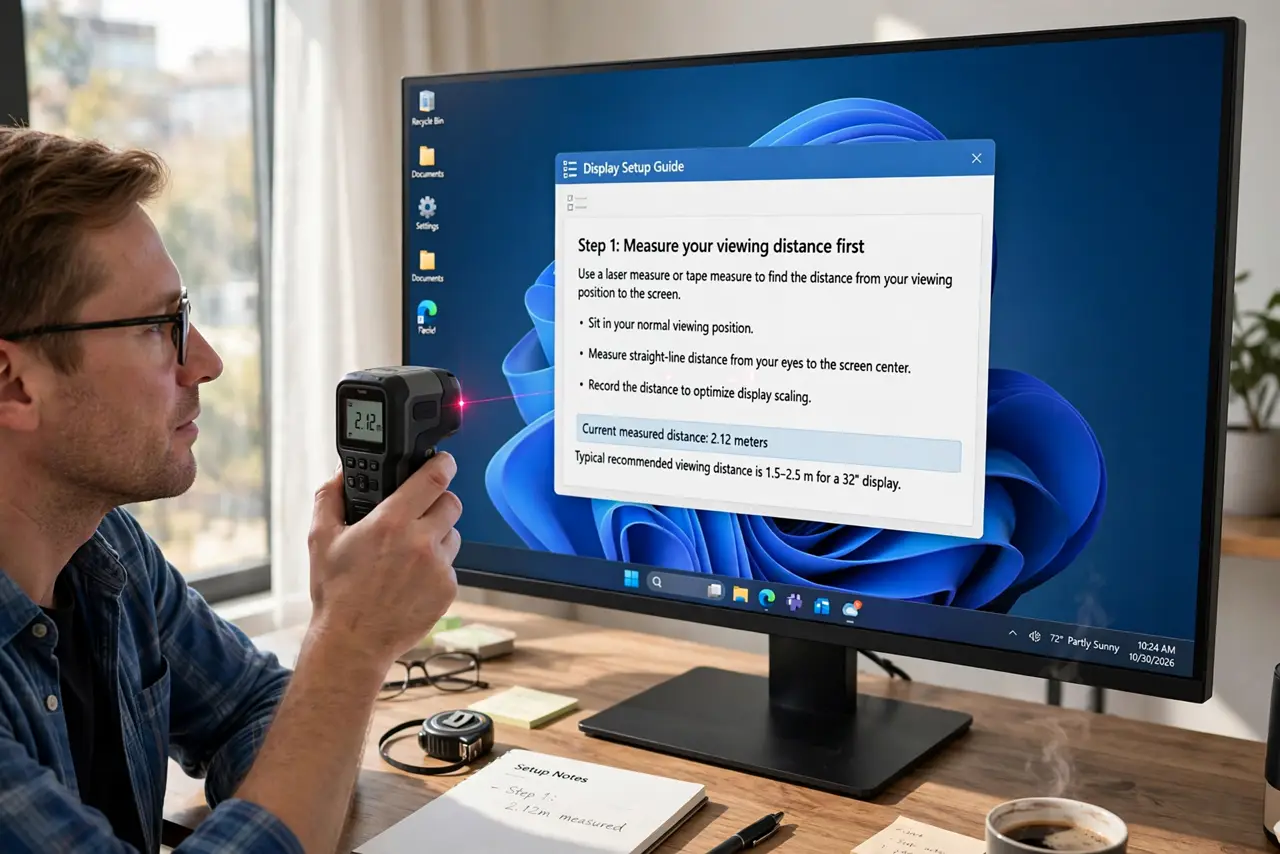 A person doing the guide's first step: Measure your viewing distance first.