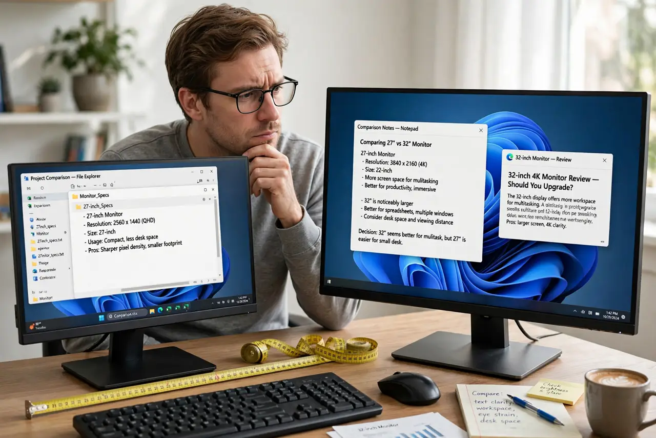 A person sitting at a desk in front of two real monitors side by side, one 27-inch and one 32-inch, both showing a desktop with legible text and windows, a measuring tape on the desk, the person's fac