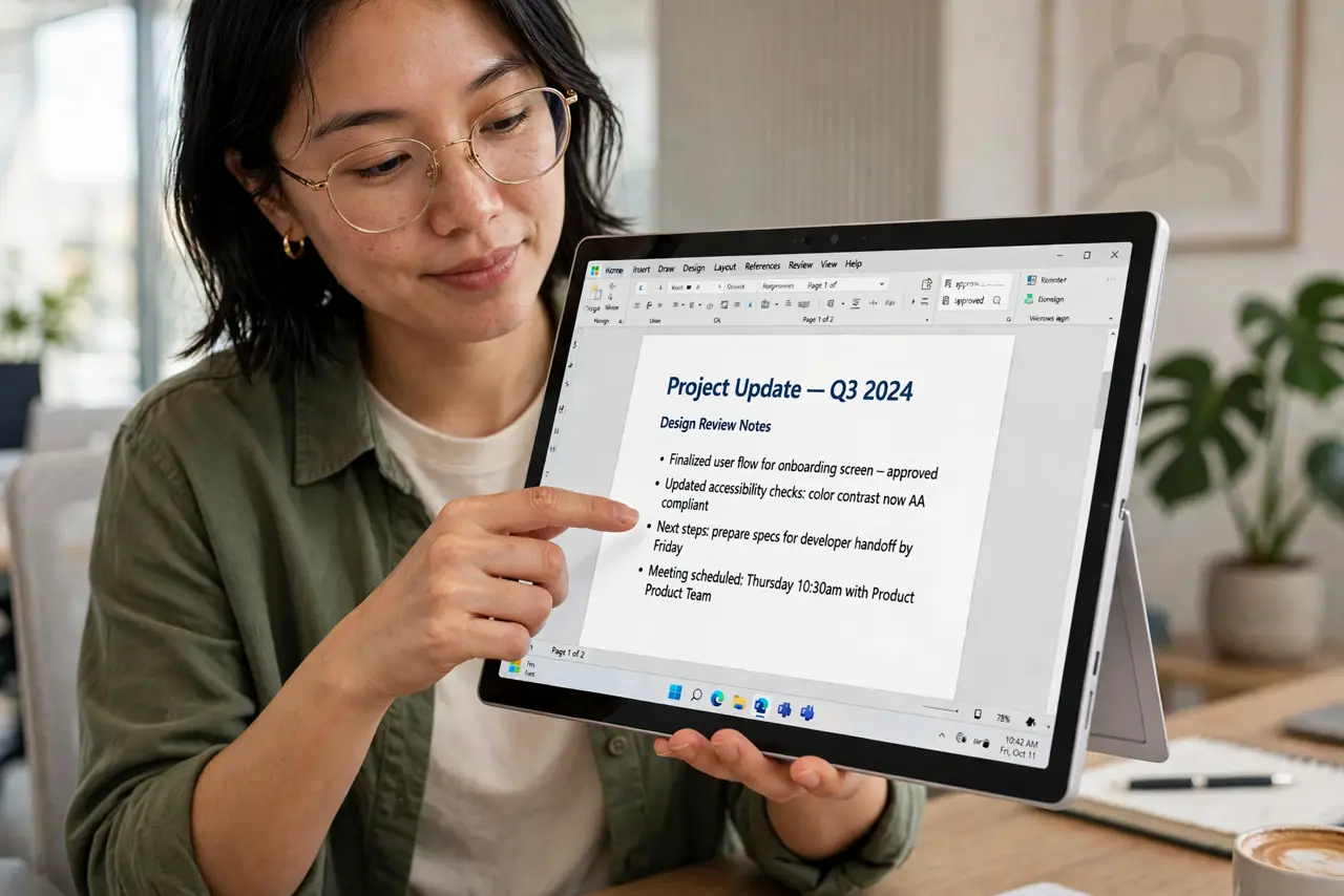 Photoreal photo: a person holding a real 2-in-1 laptop folded into tablet mode, tapping the touchscreen which shows a legible document, the person's face curious and engaged, bright office. No black screen, no blank whit