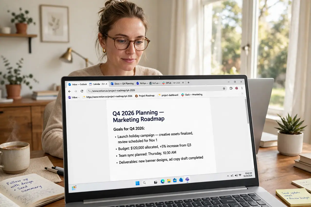 A person using a real laptop with many browser tabs visibly open and legible on screen, the person's face calm and productive, bright home office.