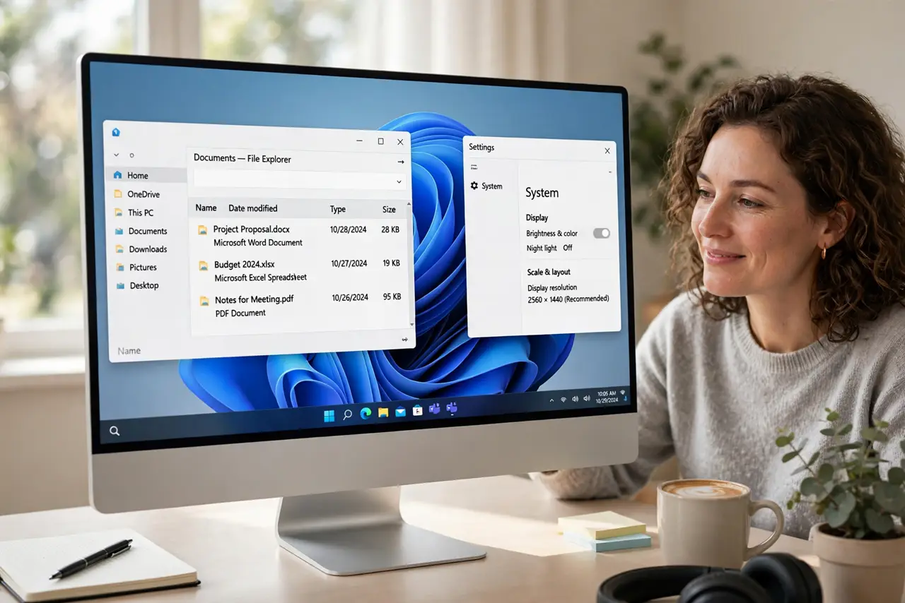 A person using a real all-in-one PC on a clean desk, the slim screen showing a desktop with legible windows, no visible tower, the person's face relaxed and…