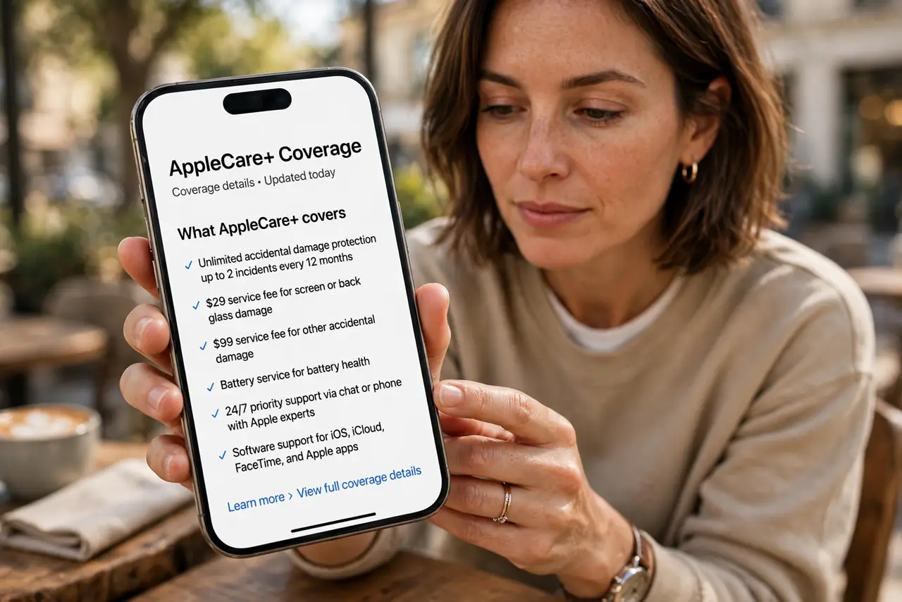 A person carrying out step one: learn what applecare+ covers.