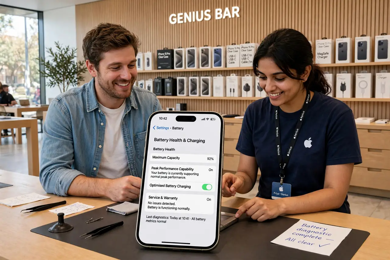 A person at a real Apple Store Genius Bar with a real iPhone being serviced, the technician examining the device, the person's face relieved.