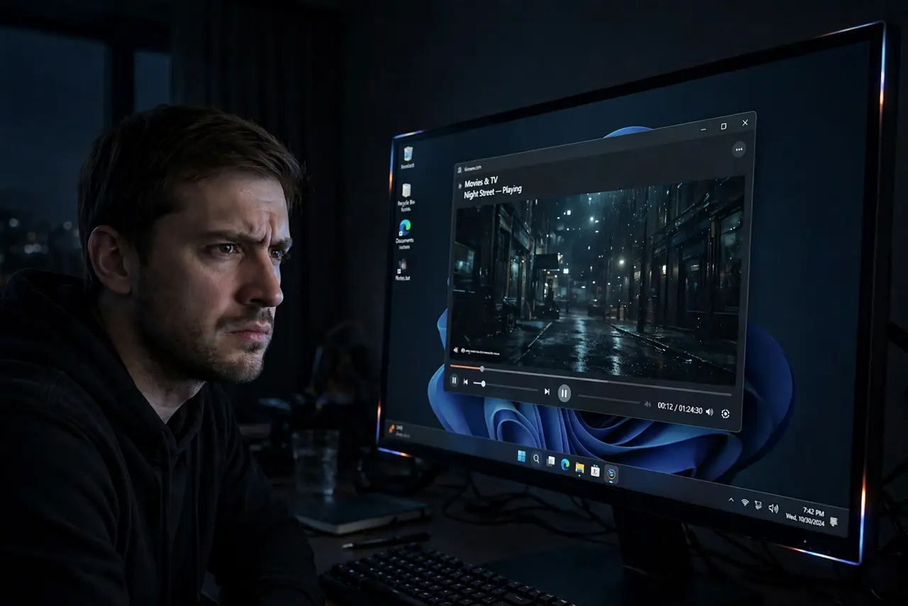 A person watching a real monitor in a dark room showing a dark movie scene, faint light glowing at the screen corners, the person's face mildly annoyed, evening.