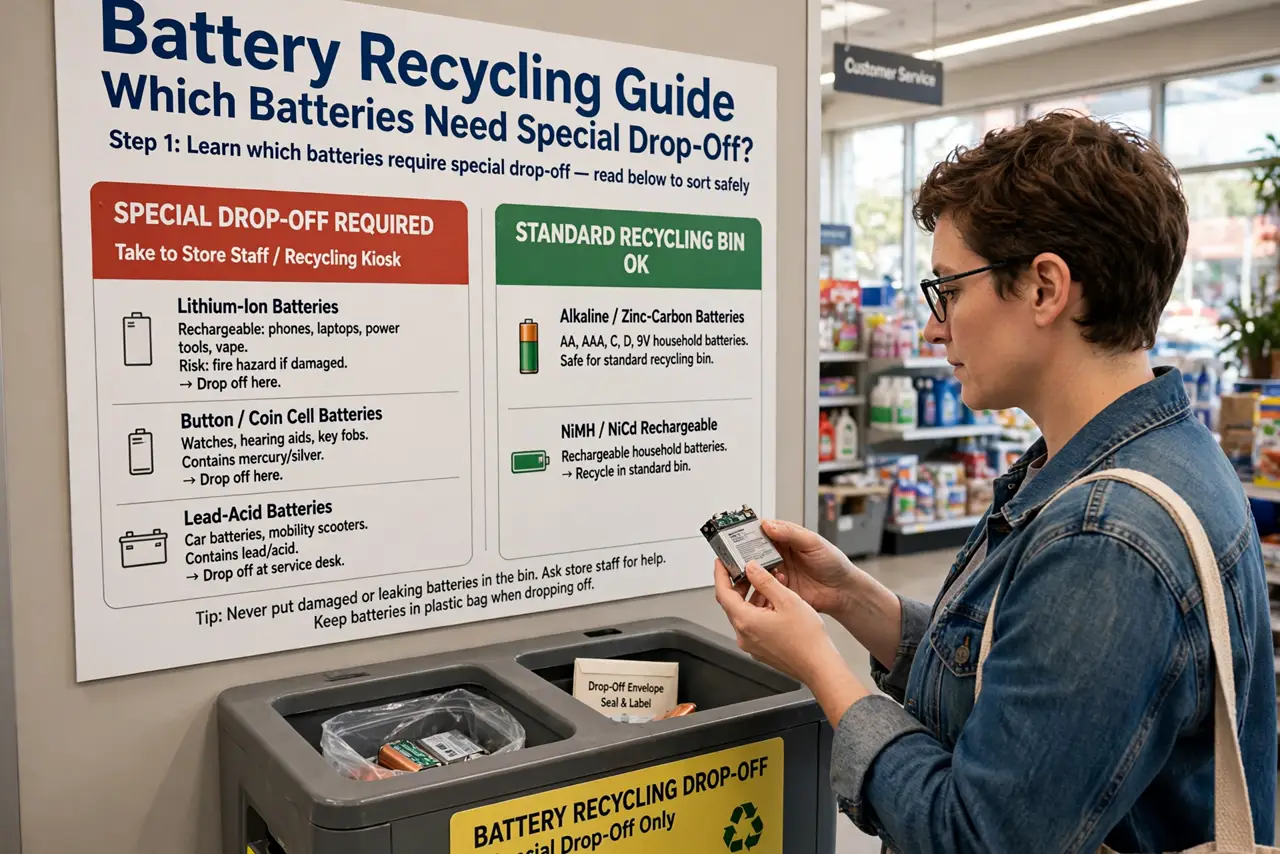 A person carrying out step one: learn which batteries need special drop-off.
