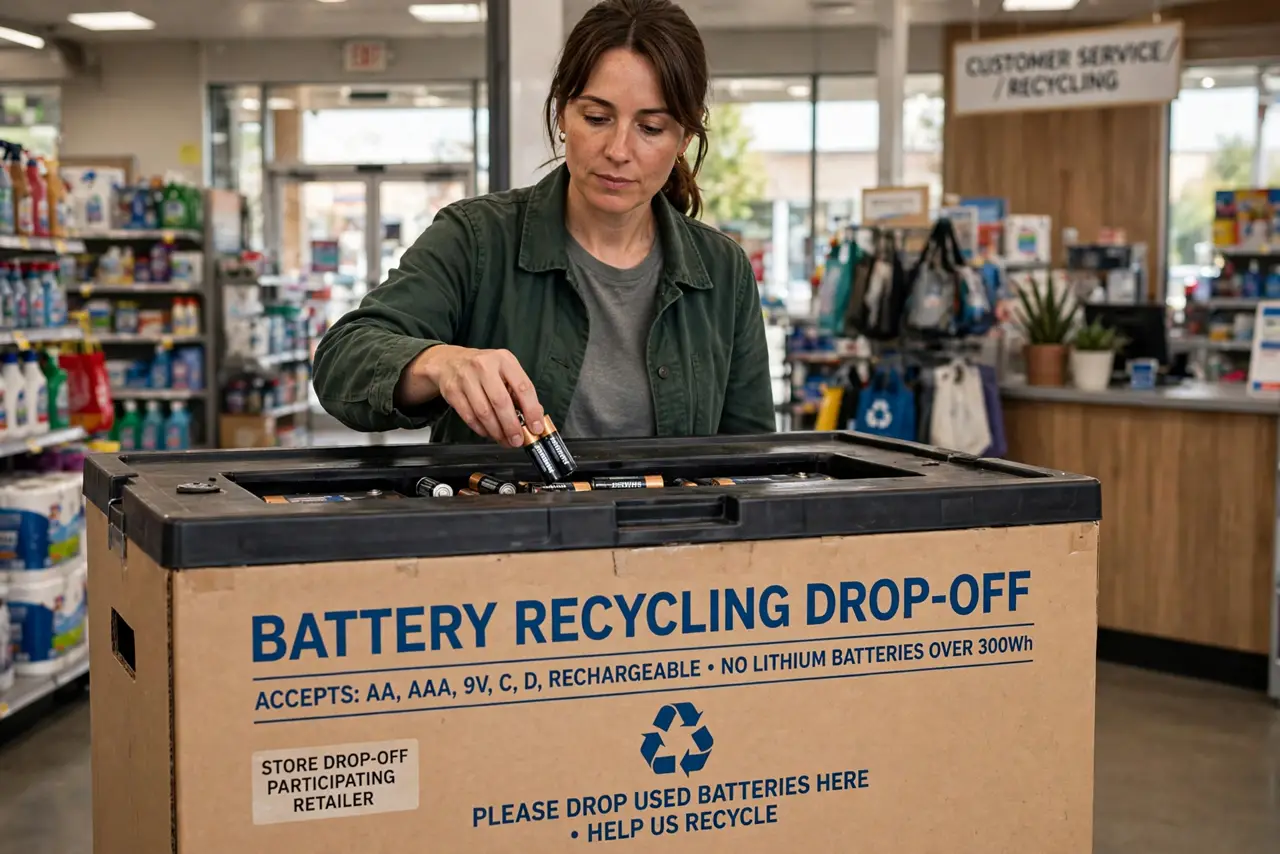 A person placing used batteries into a battery collection box at a store drop-off point, the box labeled, face responsible, daytime.