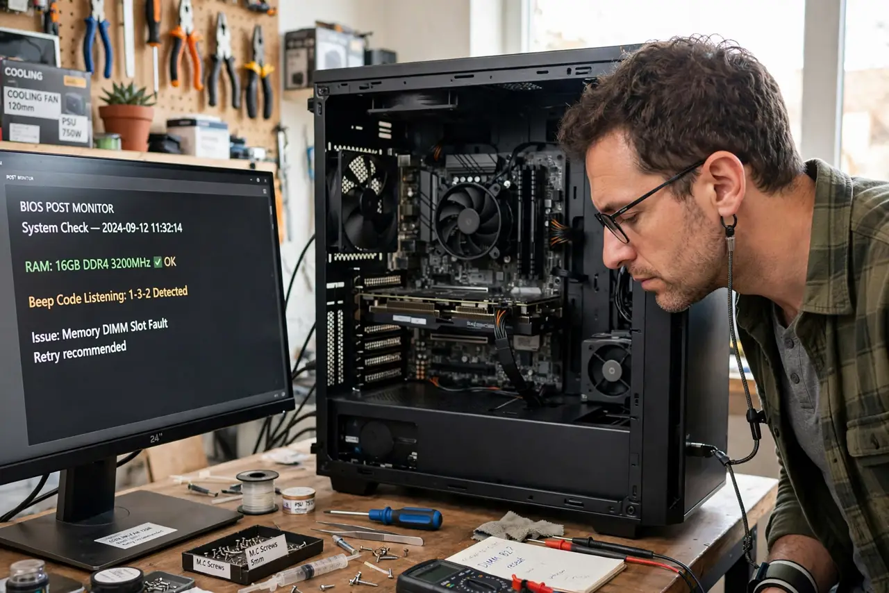 A person leaning close to an open real PC case listening intently, the monitor dark beside it, the person's face concentrated, workbench.