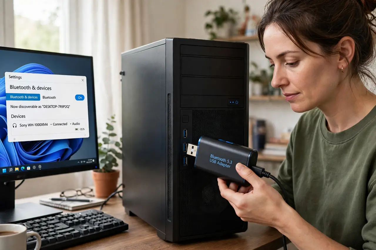 A person plugging a small real USB Bluetooth adapter into the front of a real desktop PC tower, the person's face calm and focused, home office desk with…