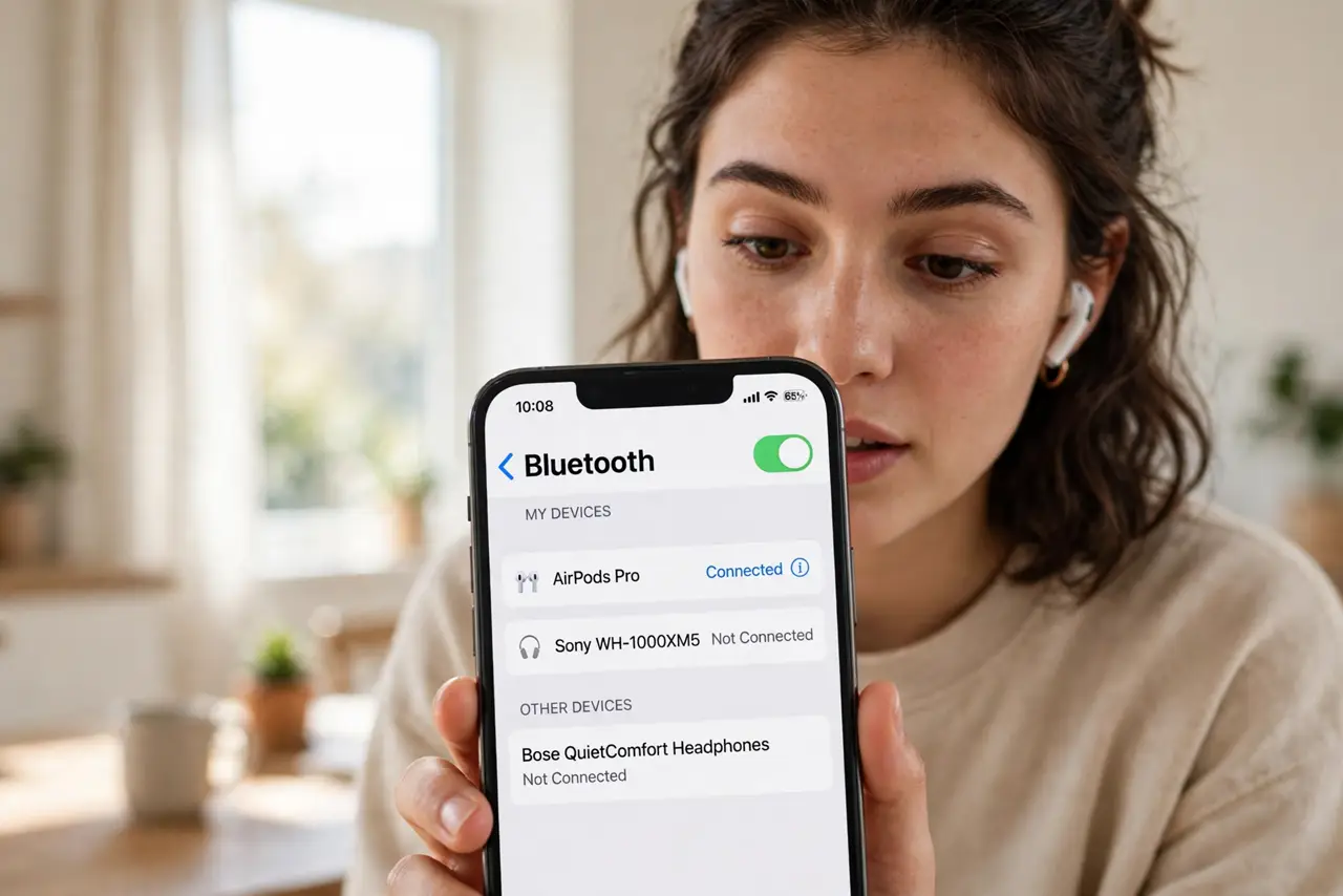 A person wearing real wireless earbuds, holding an iPhone showing a Bluetooth settings screen with legible text, the person's face curious, bright room.