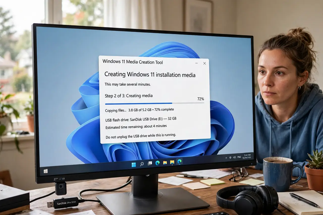 A person at a real Windows PC with a legible USB creation tool showing progress on the monitor, a real USB flash drive plugged into the PC, the person's face focused, home desk.