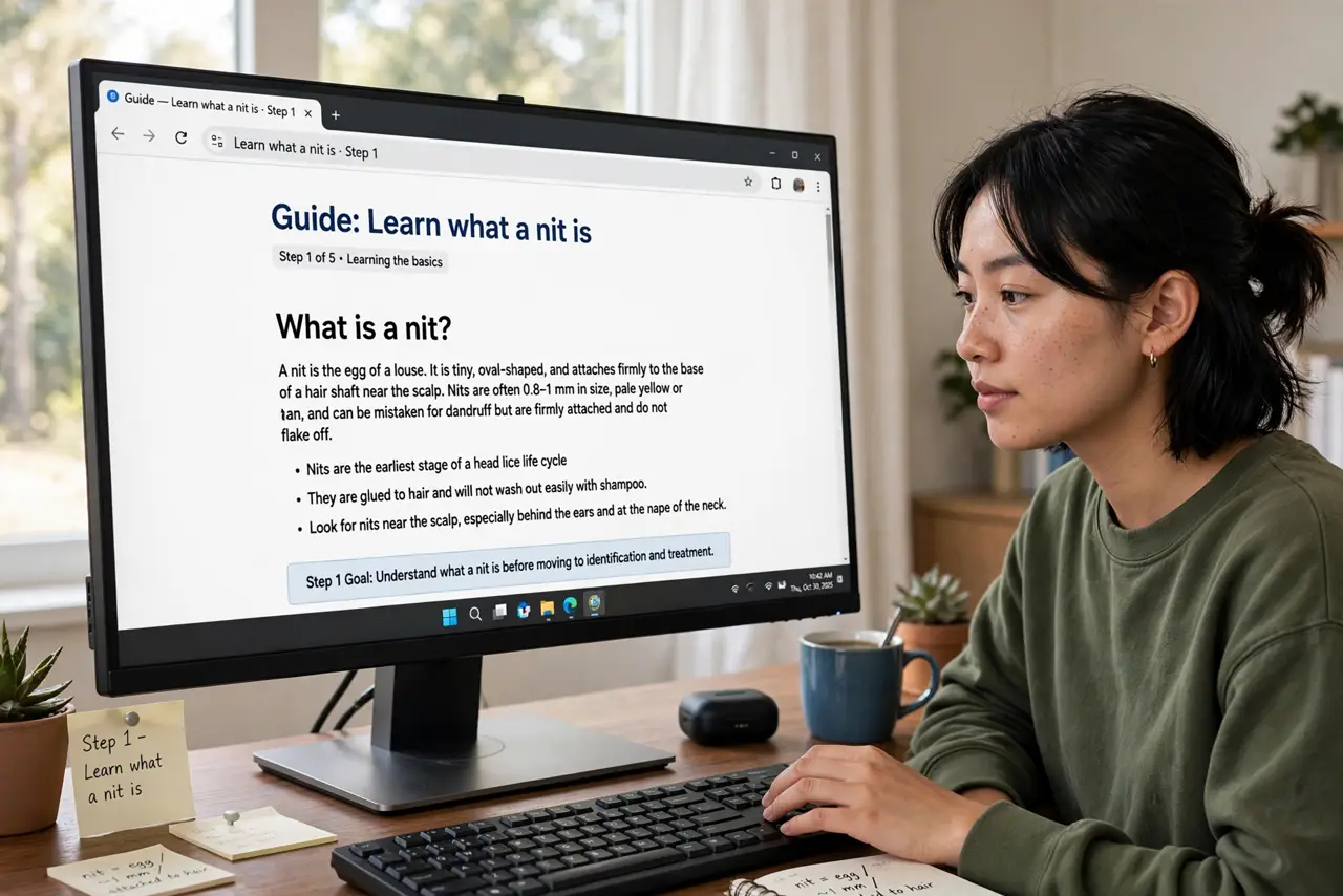 A person doing the guide's first step: Learn what a nit is.