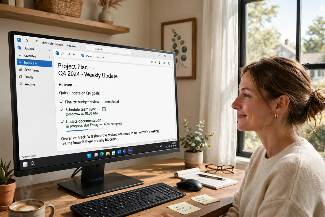 A person working at a real monitor next to a bright sunlit window, the screen clearly visible with legible text despite the daylight, the person's face comfortable, home office.