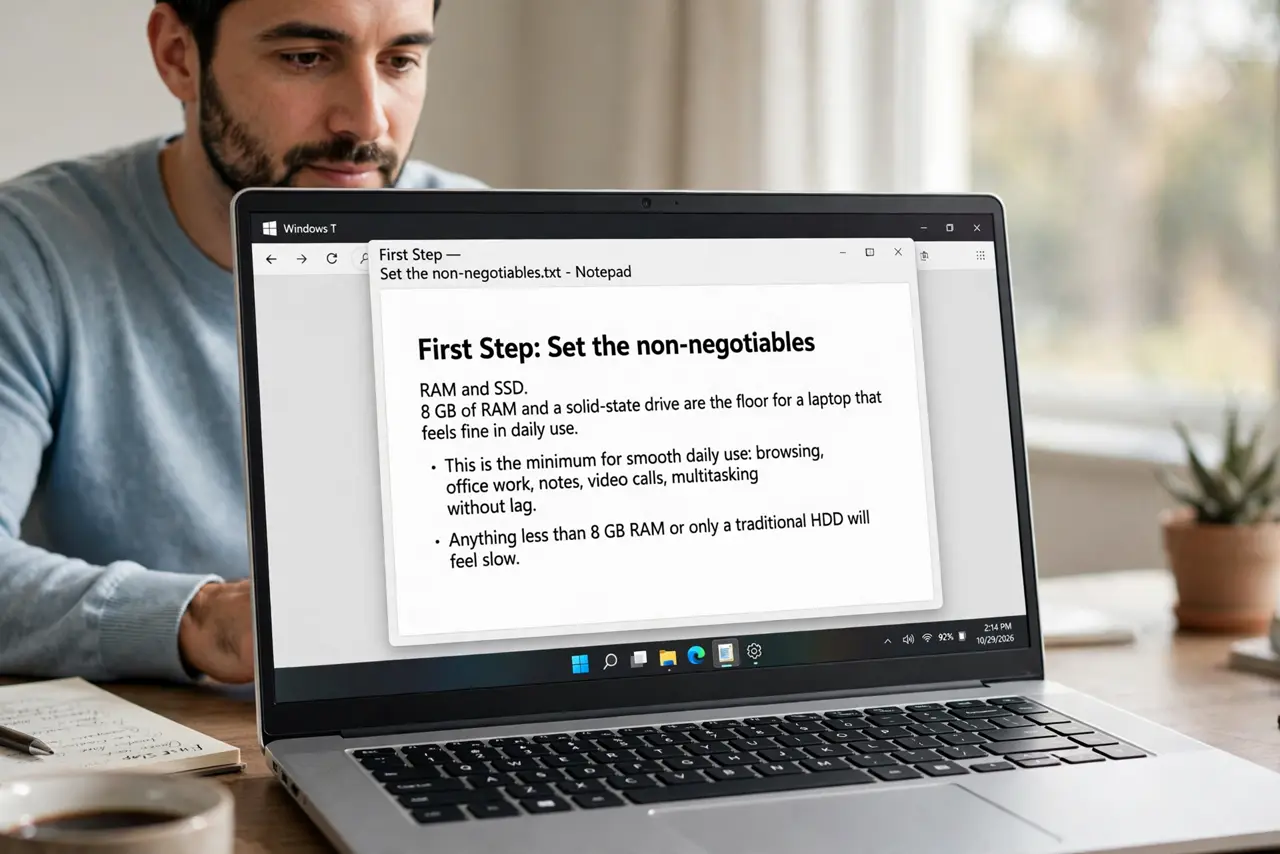 Photoreal photo of a person performing the first step: Set the non-negotiables: RAM and SSD. 8 GB of RAM and a solid-state drive are the floor for a laptop that feels fine in daily use. These two specs mat...