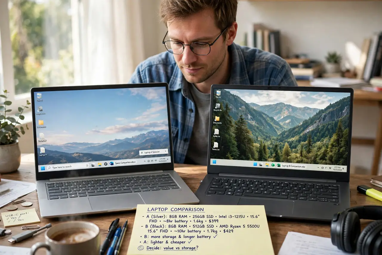 Photoreal photo: a focused person at a desk comparing two real budget laptops side by side, both showing legible desktops, a notepad with specs beside them, the person's face thoughtful. No black screen, no blank white s