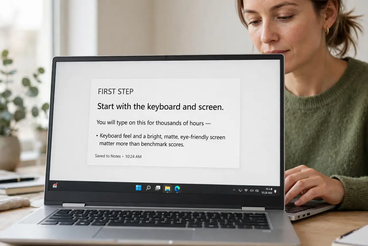 Photoreal photo of a person performing the first step: Start with the keyboard and screen. You will type on this for thousands of hours — keyboard feel and a bright, matte, eye-friendly screen matter more ...