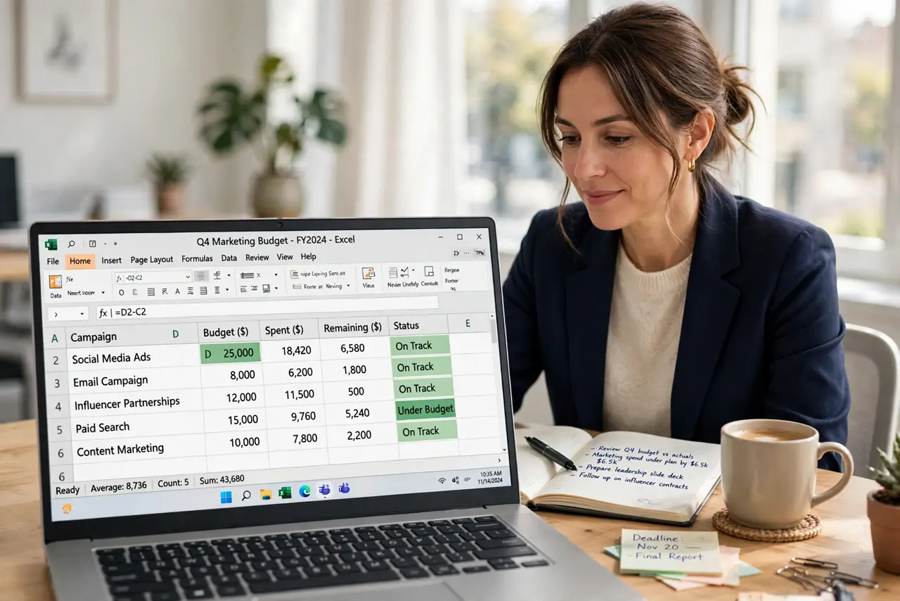 Photoreal photo: a professional person in a bright office working on a real business laptop showing a legible spreadsheet, a notebook and coffee beside it, the person's face calm and focused. No black screen, no blank wh