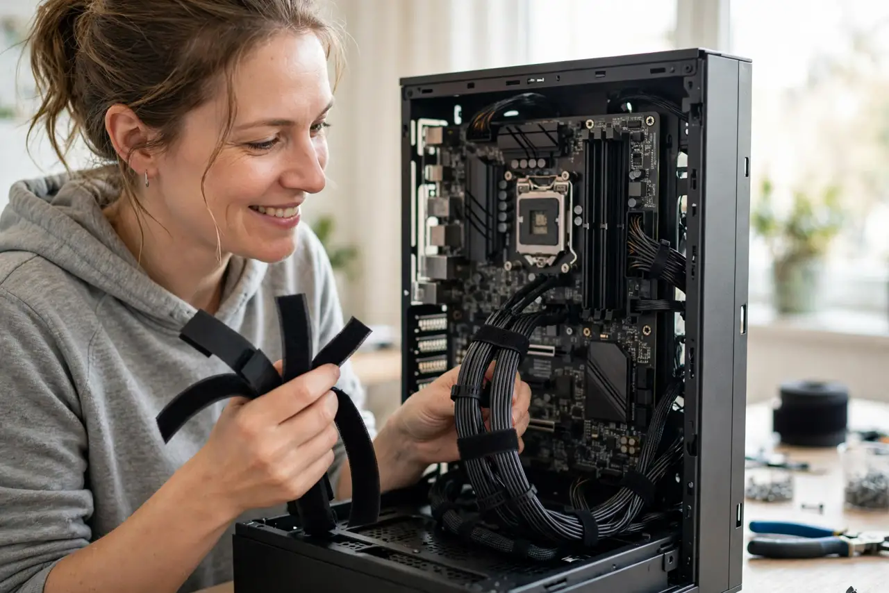 A person routing real cables behind a PC motherboard tray, velcro ties in hand, cables neatly grouped, the person's face satisfied, bright room.