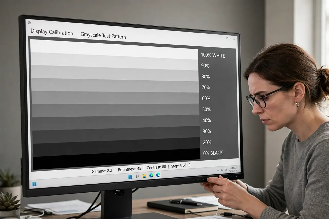 A person adjusting settings on a real monitor showing a grayscale test pattern with legible steps from black to white, the person's face concentrated, neutral room lighting.