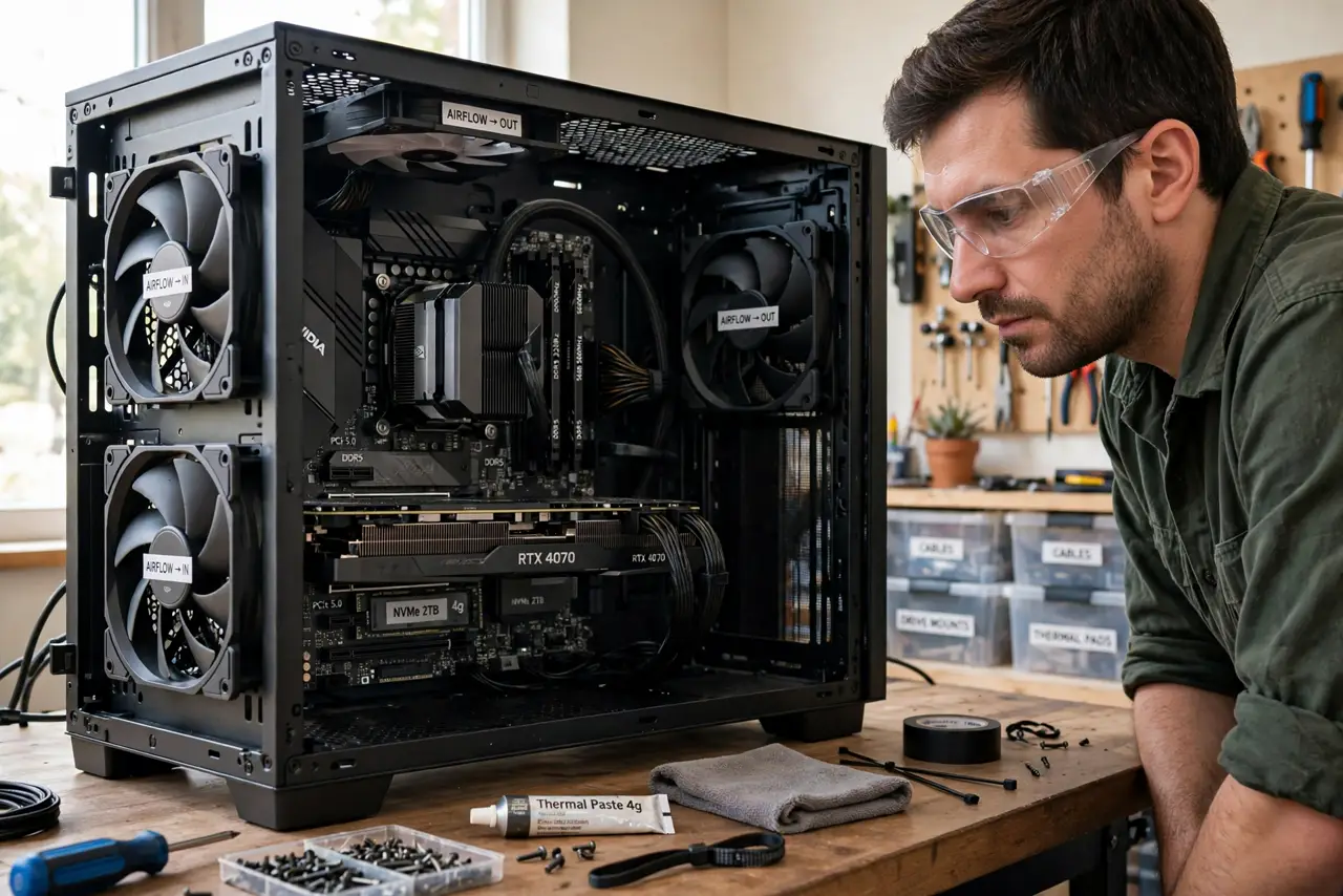 A person looking into an open real PC case showing fans and components with visible airflow direction, the person's face thoughtful, workbench with good…