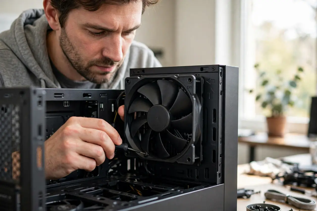 A person installing a real case fan into a PC case, arrows on the fan frame visible, the person's face focused, bright room.