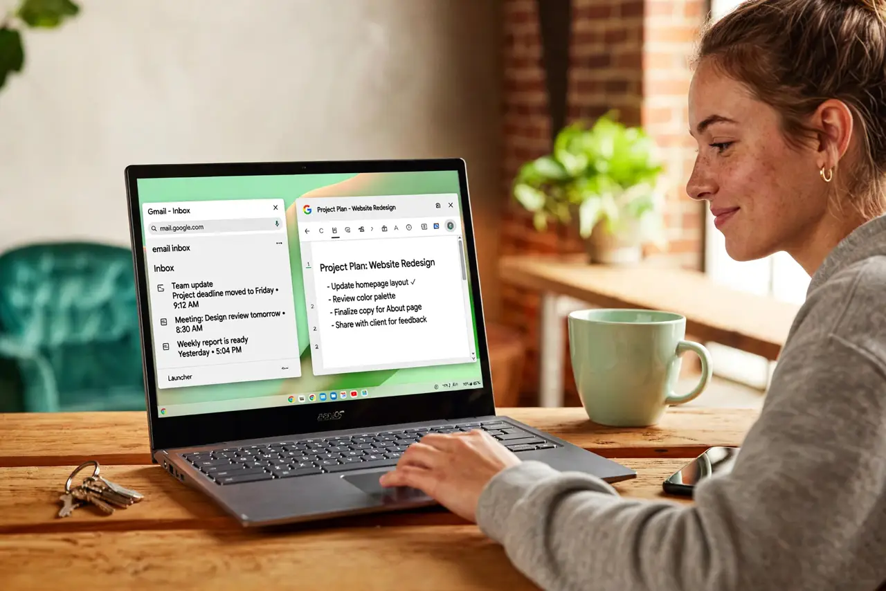 A person using a real Chromebook on a desk, the ChromeOS desktop with browser windows legible on screen, the person's face relaxed and casual.