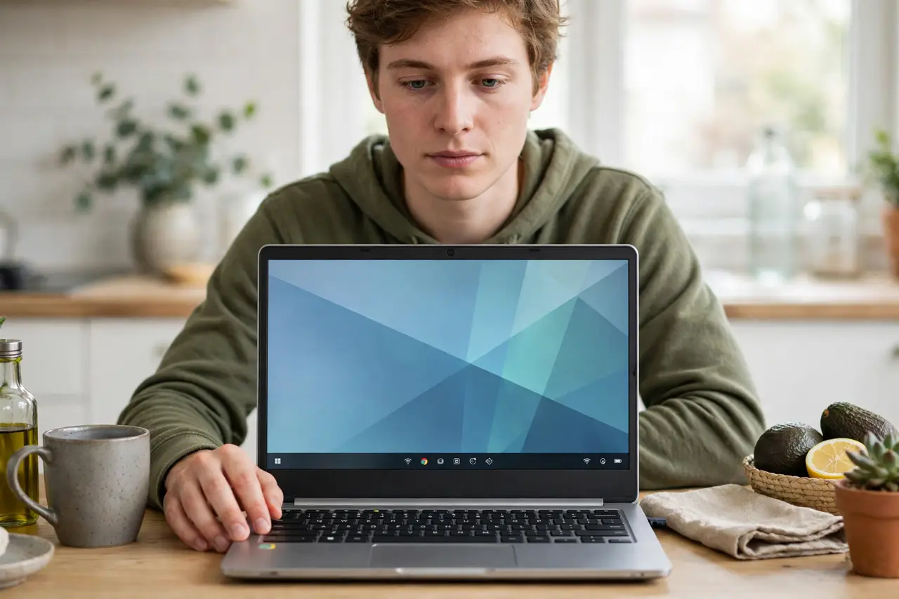 A person using a real Chromebook with a legible ChromeOS desktop on screen, the person's face neutral, bright kitchen table.