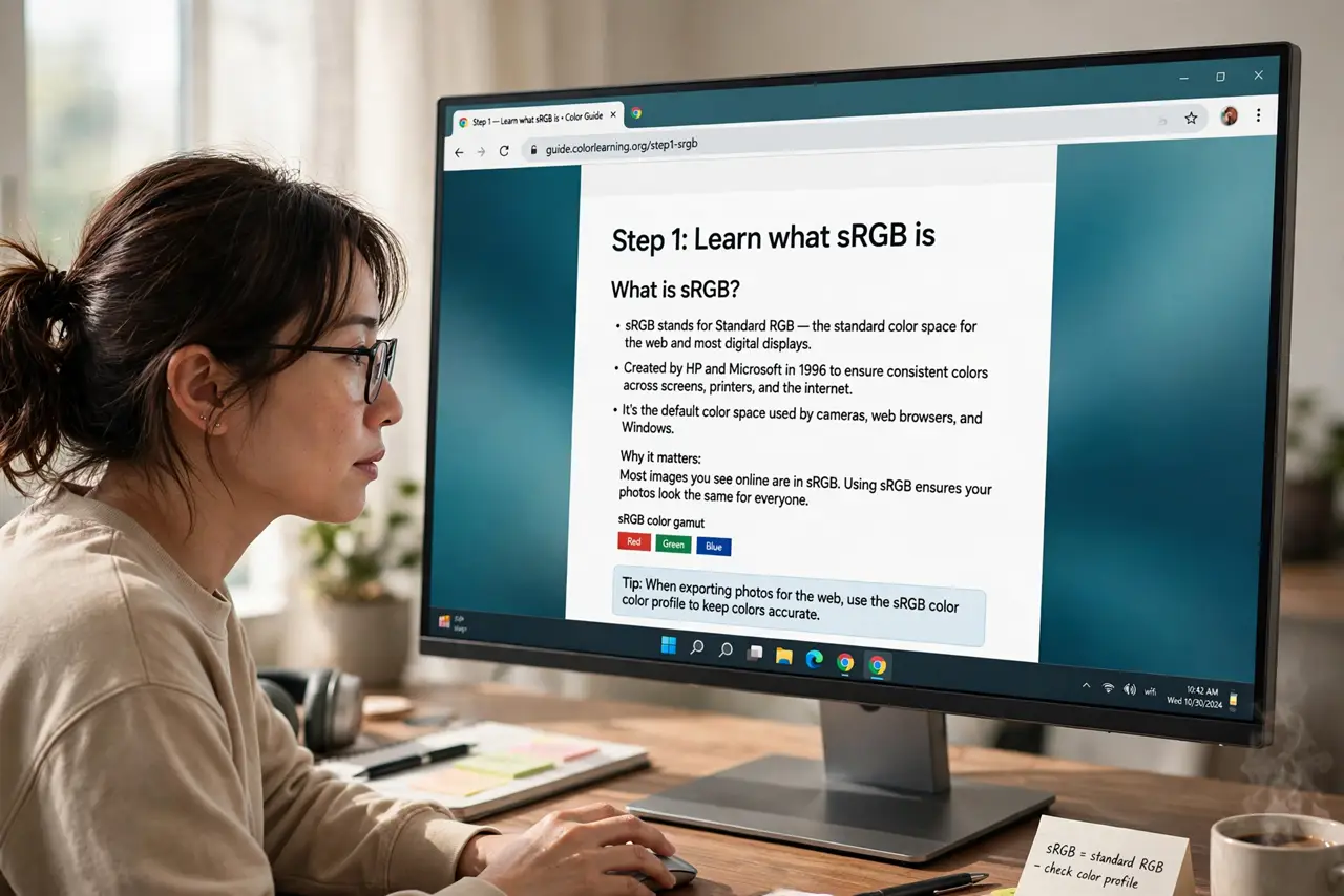 A person doing the guide's first step: Learn what sRGB is.