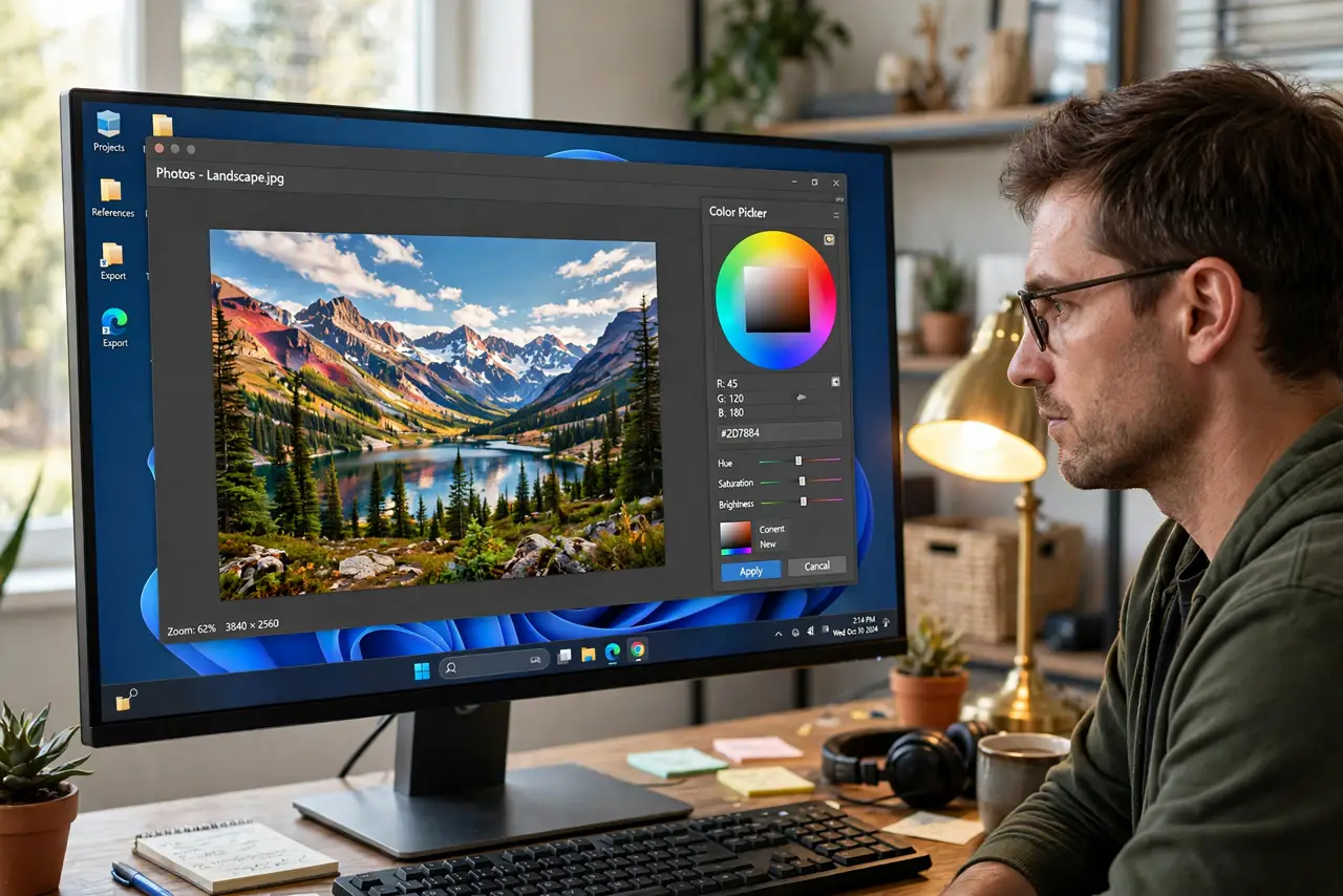 A person editing a real photo on a monitor showing a vivid landscape image with a color picker tool legible on screen, the person's face focused, desk with warm lamp light.