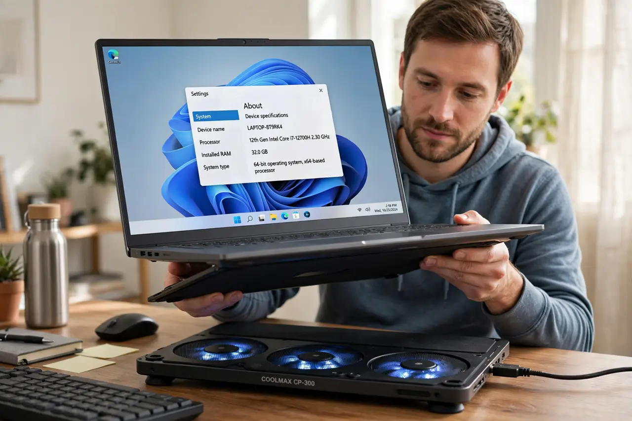 Photoreal photo of a person performing the first step: Understand what it actually does. A cooling pad lifts the laptop (improving natural airflow to the intake vents) and blows extra air at the underside....