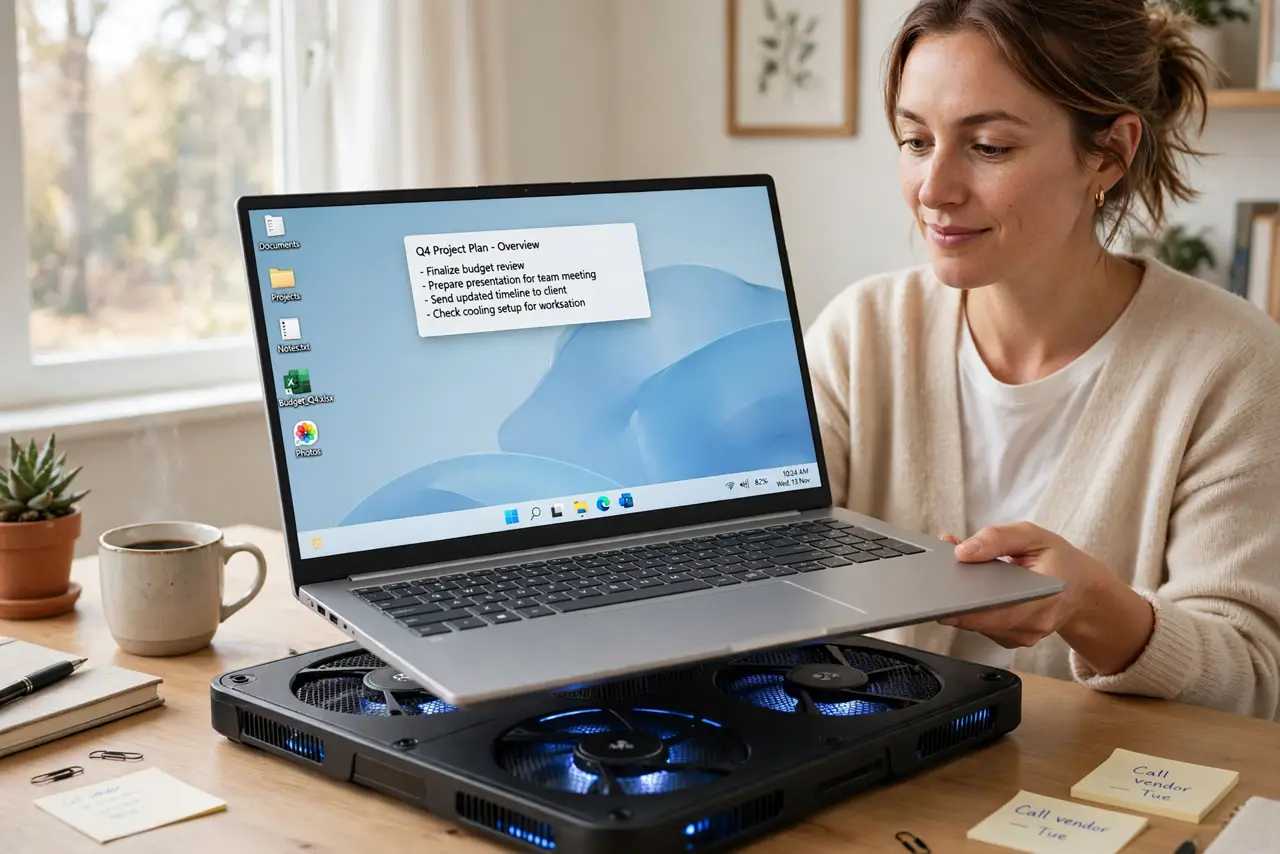 Photoreal photo: a person placing a real laptop onto a real cooling pad with visible fans on a desk, the laptop screen showing a desktop with legible text, the person's face hopeful, home office. No black screen, no blan