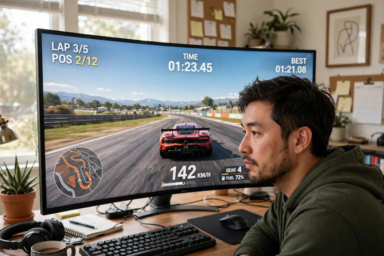 A person sitting centered in front of a real curved ultrawide monitor showing a racing game with legible HUD elements, the curve visible from a slight side…