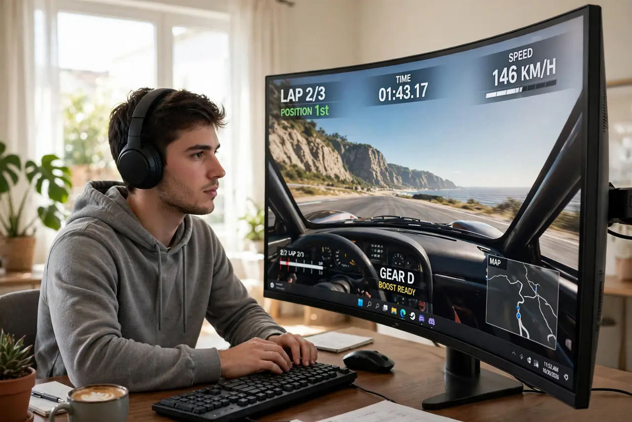 A person sitting centered in front of a real curved ultrawide monitor showing a racing game with legible HUD elements, the curve of the screen visible from a slight side angle, the person's face engag